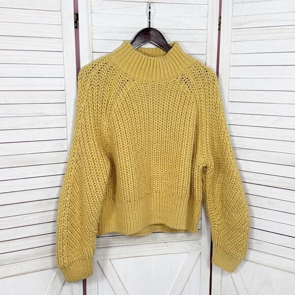 H&M Chunky Knit Funnel Neck Barrel Sleeve Crop Sweater Yellow Medium - Picture 7 of 12